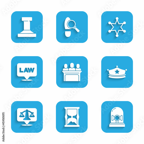 Set Jurors, Old hourglass, Flasher siren, Police cap with cockade, Scales of justice, Location law, Hexagram sheriff and Stamp icon. Vector