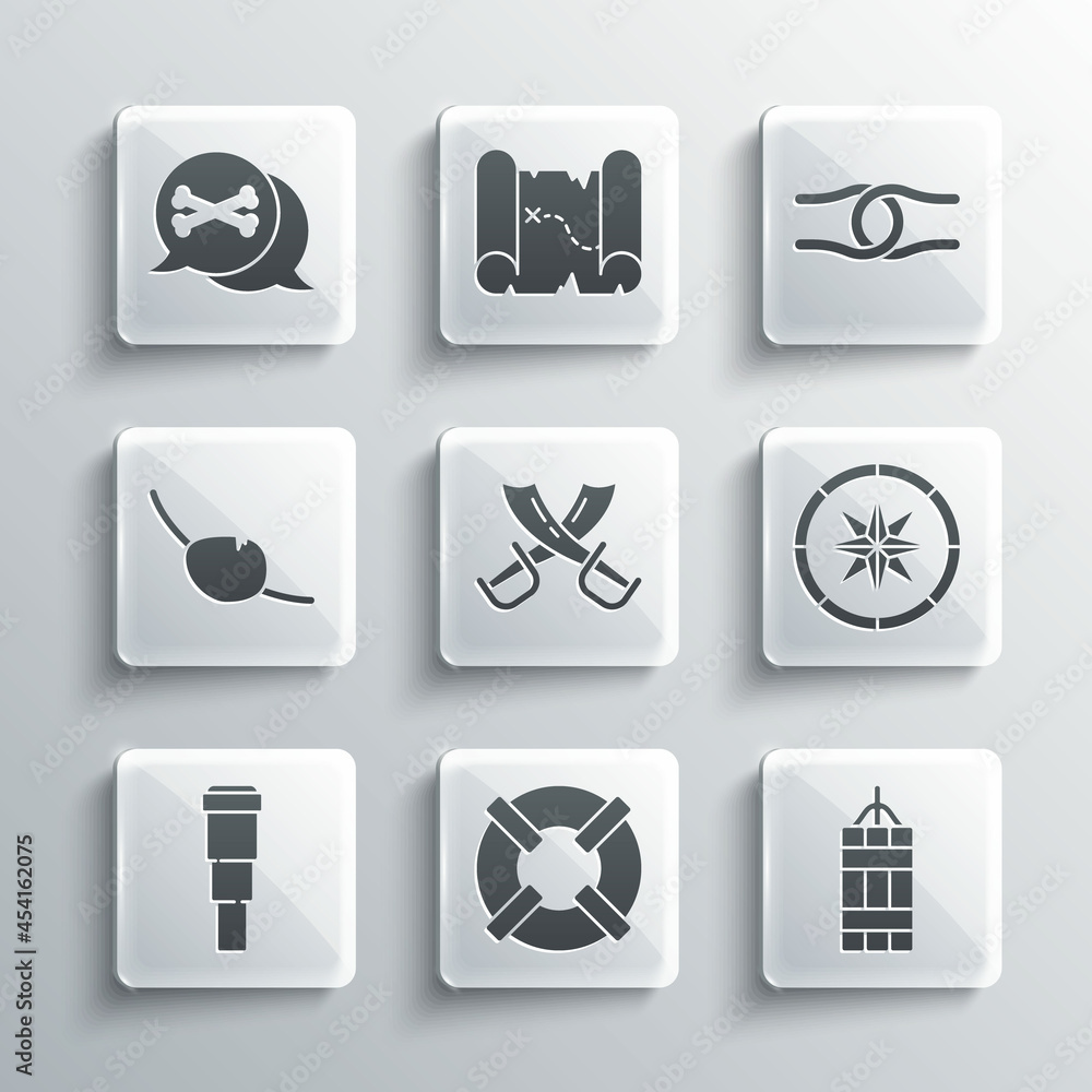Set Lifebuoy, Dynamite bomb, Compass, Crossed pirate swords, Spyglass telescope lens, Pirate eye patch, Location and Rope tied in knot icon. Vector