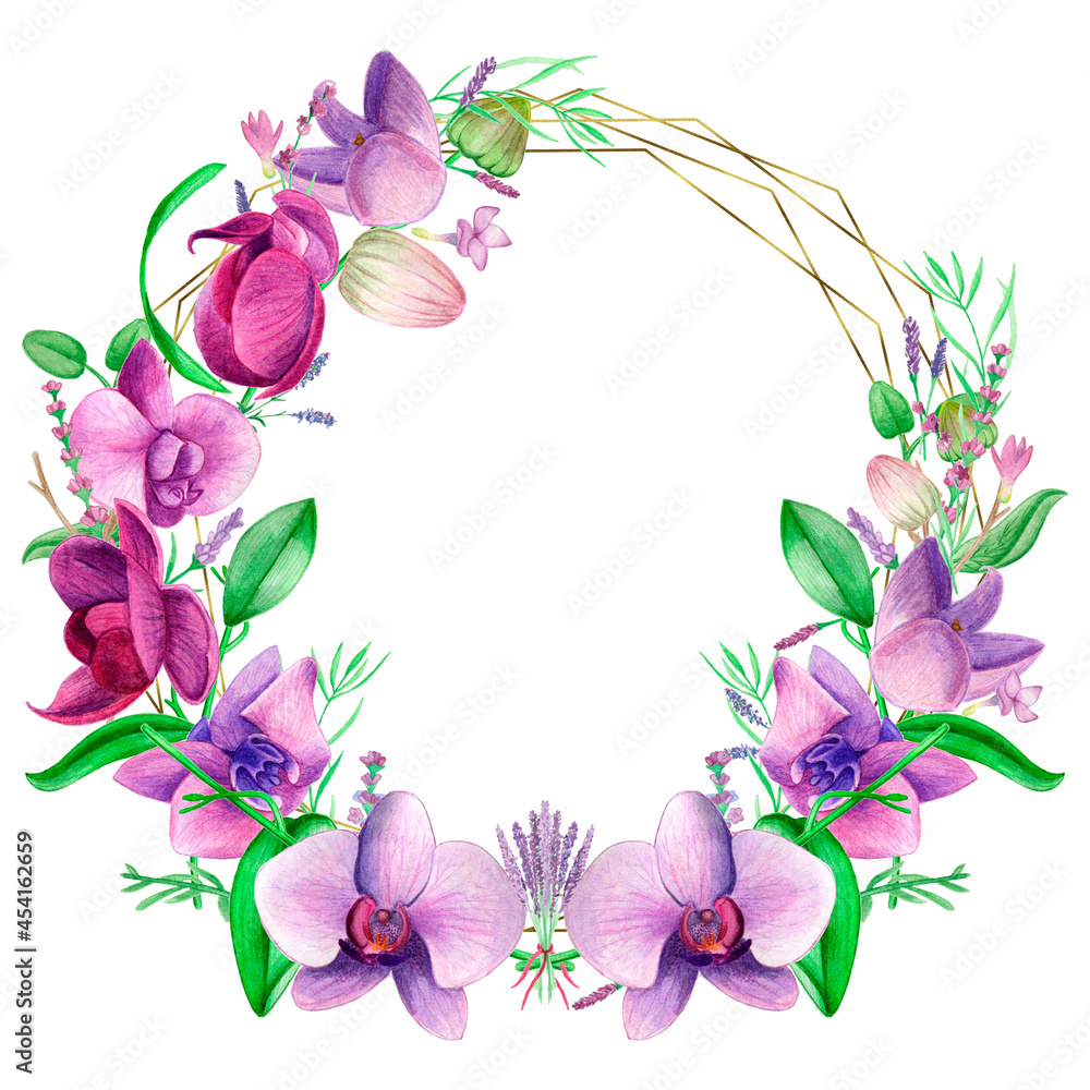 Watercolor gold frame. An orchid wreath of hand-painted lavender leaves and orchid flowers .Lavender purple wedding design.Cute insects on the leaves.Butterfly, dragonfly, bee.Suitable for the design.