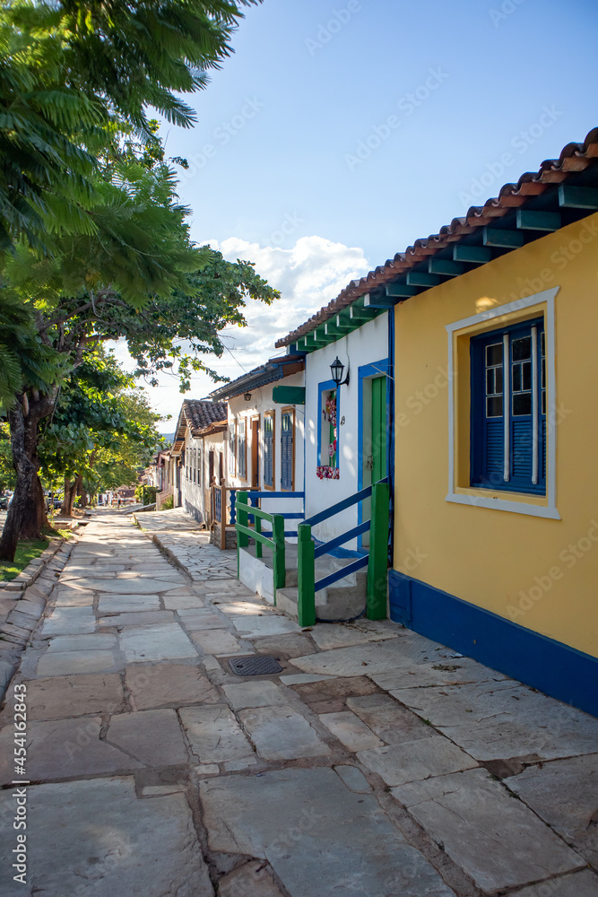Pirenópolis, Goiás, Brazil. November, 29, 2020.  A street of colorful colonial style houses in a village. Stone pavement. Historic city. Tourism. Editorial.