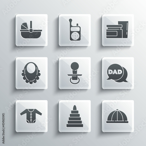 Set Pyramid toy, Baby hat, Speech bubble dad, dummy pacifier, clothes, bib, stroller and food icon. Vector