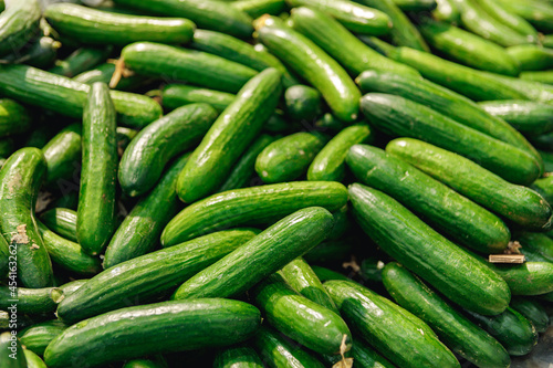Pile of fresh cucumbers on counter in supermarket
