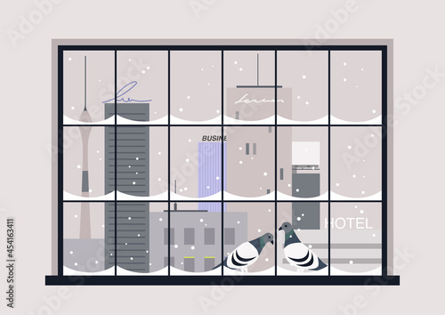 Snowy winter urban panorama, two pigeons sitting on the window cornice, christmas eve