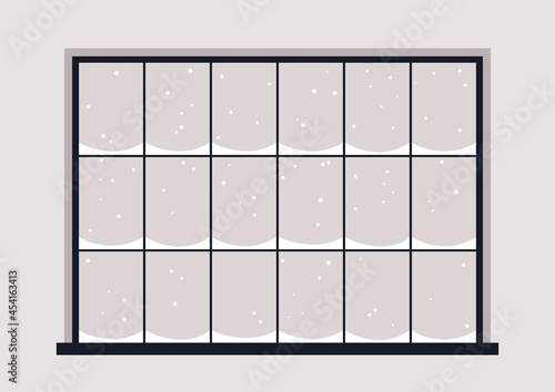 A winter snowy weather, an isolated window frame with snowflakes on the background