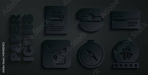 Set Compass, Postcard travel, Route location, Cruise ship, Captain hat and icon. Vector