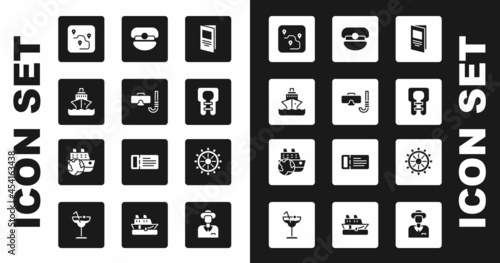 Set Brochure, Diving mask and snorkel, Cruise ship, Route location, Life jacket, Captain hat, Ship steering wheel and icon. Vector