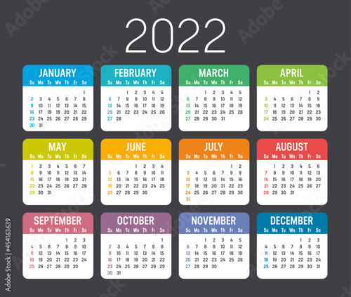 Colorful Year 2022 calendar vector template