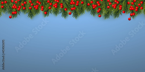 Festive Christmas or New Year Background. Christmas tree branches with holly berries. Holiday's Background. Vector illustration