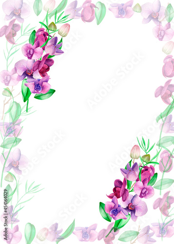 Watercolor gold frame. An orchid wreath of hand-painted lavender leaves and orchid flowers .Lavender purple wedding design.Cute insects on the leaves.Butterfly  dragonfly  bee.Suitable for the design.