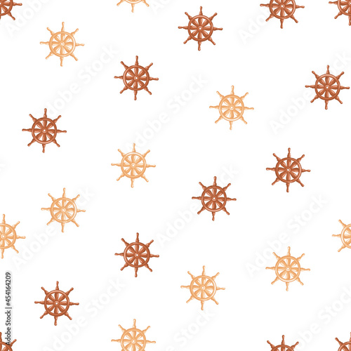 Vintage seamless pattern with orange and brown ship helm ornament. White background. Isolated backdrop.