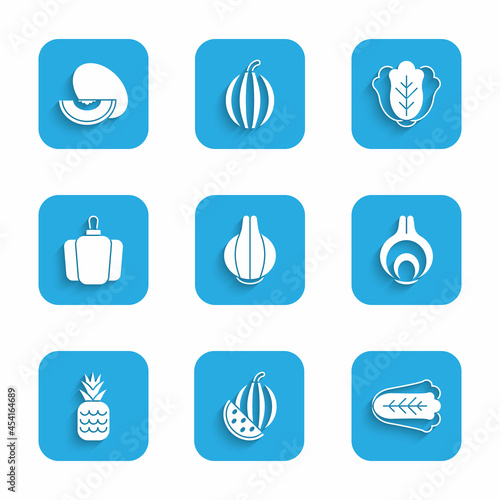 Set Onion, Watermelon, Cabbage, Pineapple, Bell pepper, and Melon fruit icon. Vector