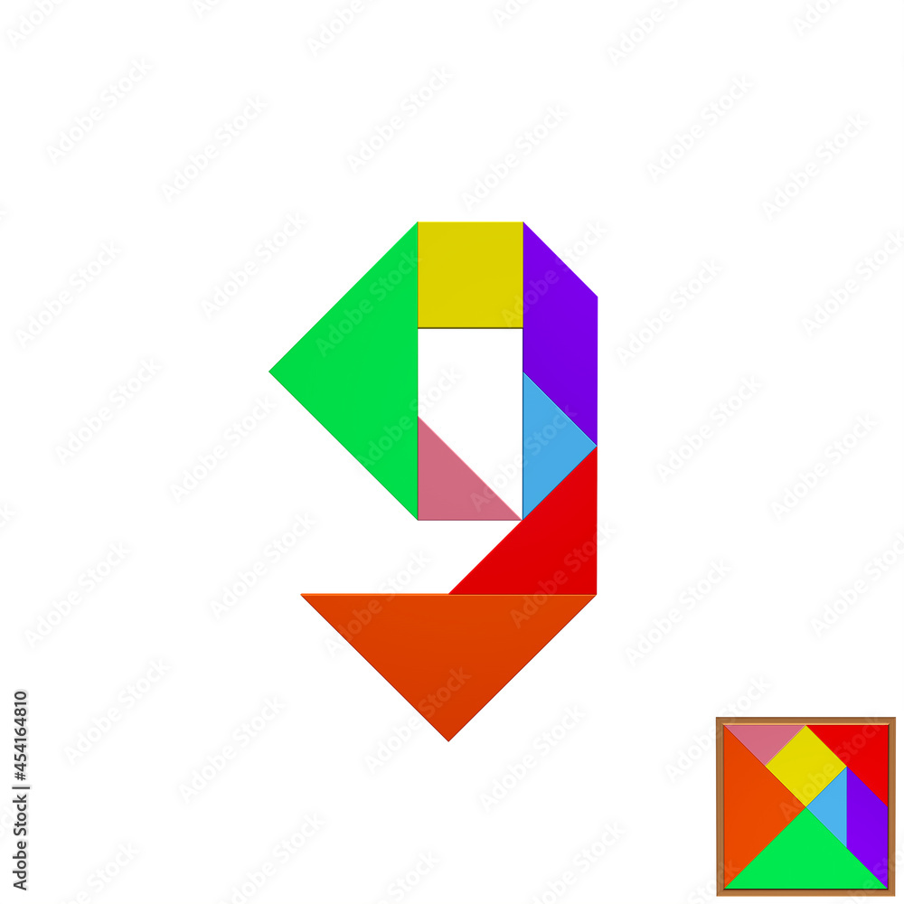 Colorful tangram puzzle with number 9 on white background,3D Rendering Colorful tangram puzzle with number 9 on white background,3D Rendering