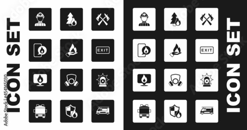 Set Firefighter axe, Hand holding fire, Phone with emergency call 911, exit, Burning forest tree, Flasher siren and Location flame icon. Vector
