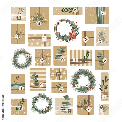Advent calendar. Christmas presents in kraft paper and wreaths, with numbers 1 to 25. Rustic gift box. Eco decoration. Xmas and New 2022 Year celebration preparation. Vector flat cartoon illustration
