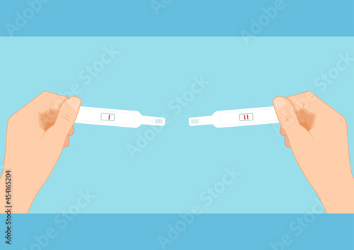 Pregnancy test cartoon vector. Pregnancy test with two red stripes in hand. Positive result. Checking pregnancy test.