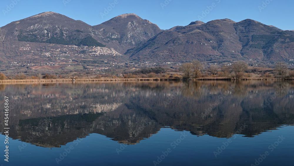 reflections, lake Long, massif of Terminillo and Poggio Bustone