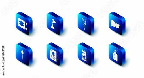 Set Human broken bone, Crutch or crutches, organ liver, Hand sanitizer bottle, Medicine pills, Clinical record, Sperm and Medical symbol of the Emergency icon. Vector