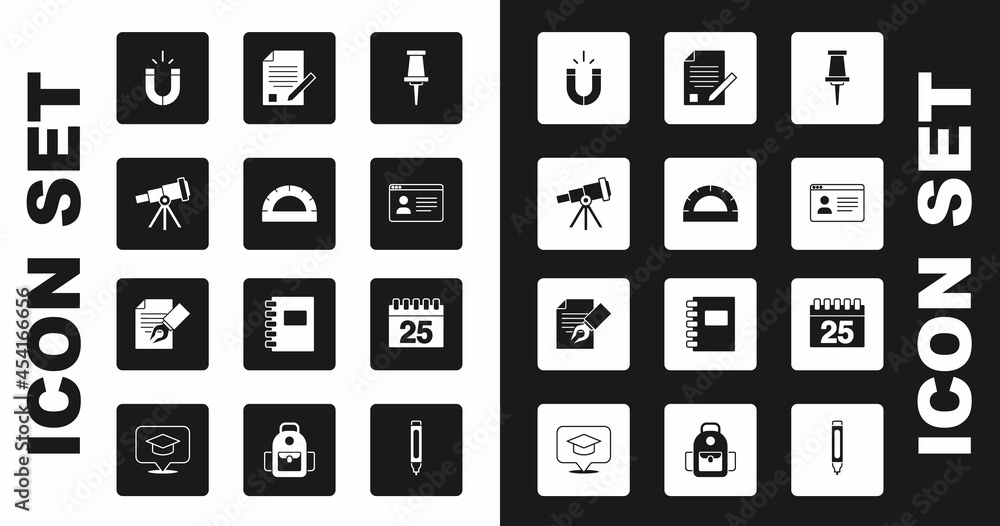 Set Push pin, Protractor grid, Telescope, Magnet, Online class, Exam sheet and pencil, Calendar and icon. Vector Set Push pin, Protractor grid, Telescope, Magnet, Online class, Exam sheet and pencil, Calendar and icon. Vector