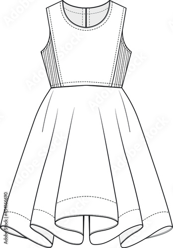 Sleeveless skater dress fashion flat sketch vector Illustration