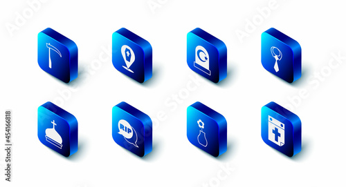 Set Coffin with cross, Muslim cemetery, Tie, Calendar death, Flower vase, Speech bubble rip, Church tower and Scythe icon. Vector