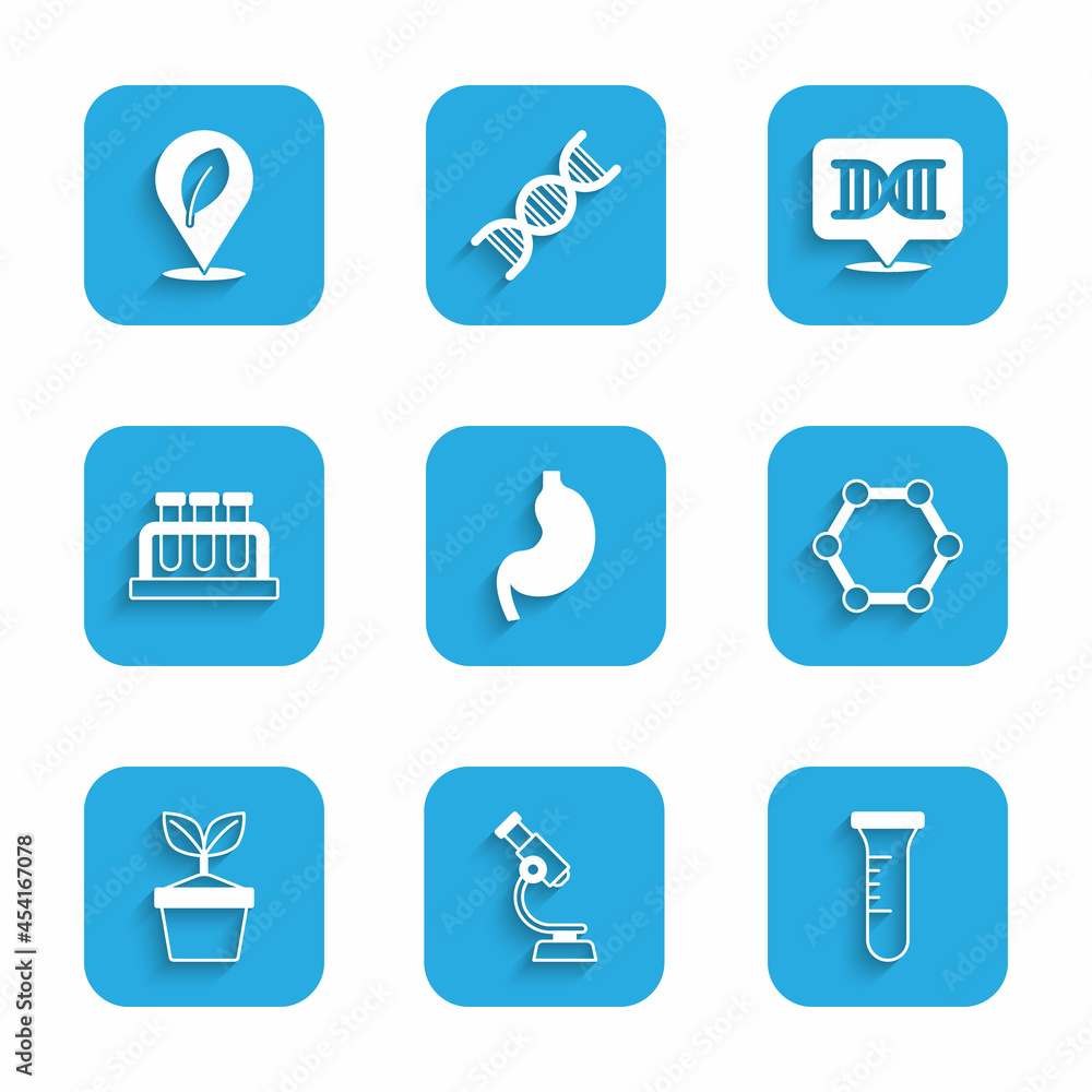 Set Human stomach, Microscope, Test tube and flask, Molecule, Plant in pot, DNA symbol and Location with leaf icon. Vector Set Human stomach, Microscope, Test tube and flask, Molecule, Plant in pot, DNA symbol and Location with leaf icon. Vector