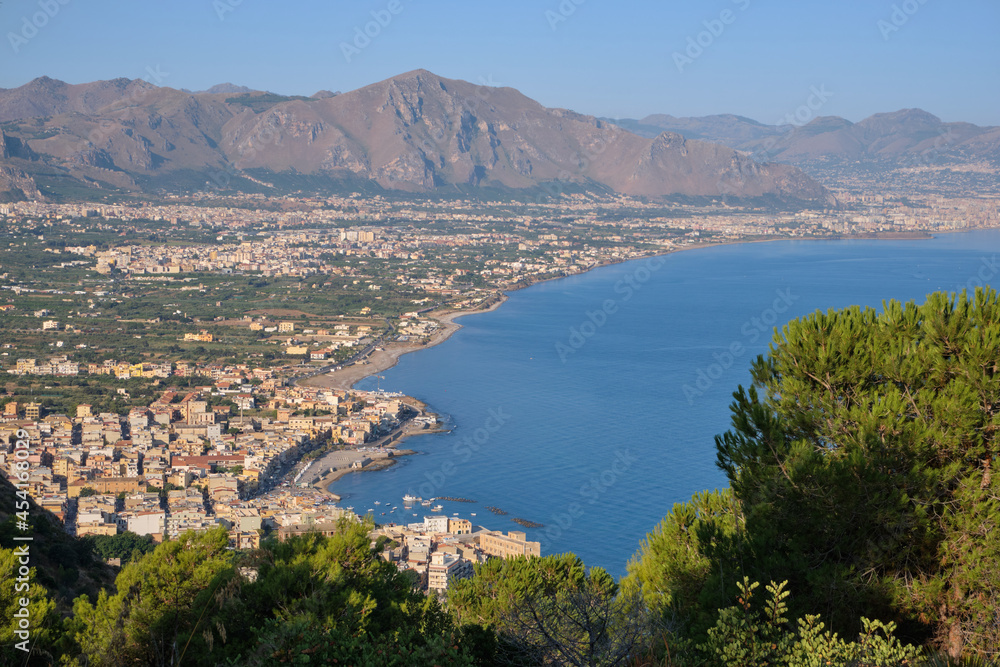 Panoramic view of the gulf of Palermo from Monte Catalfano park in Sicily
