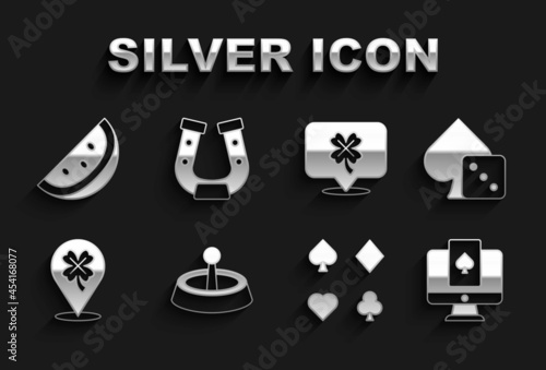Set Casino roulette wheel, Game dice, Online poker table game, Deck of playing cards, slot machine with clover, watermelon and Horseshoe icon. Vector
