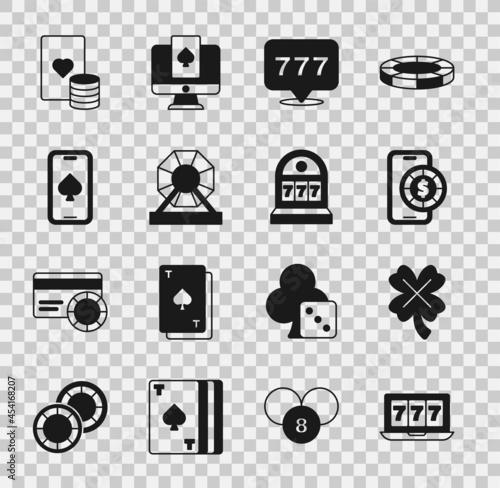 Set Online slot machine with jackpot, Casino clover, poker table game, Slot, Lottery, chip and playing cards and icon. Vector