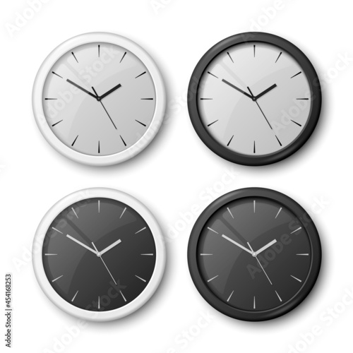 Vector 3d Realistic White, Black Wall Office Clock Icon Set Isolated. White Dial, Black Dial. Design Template of Wall Clock Closeup. Mock-up for Branding and Advertise. Top or Front View
