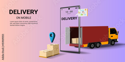 Online logistic delivery on mobile by truck shipping, Global transportation. Delivery home and office. 
warehouse, parcel box, truck, forklift, courier. web page, website, banner. 3D Vector