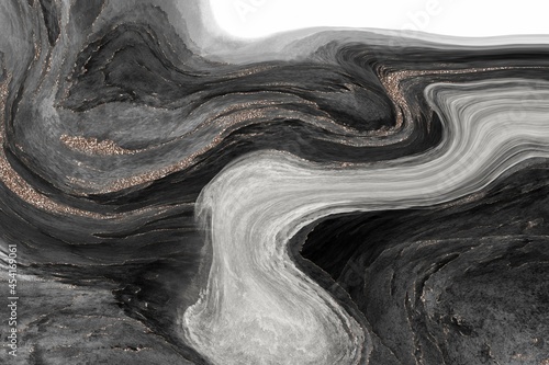 Dark abstract background of liquid paint, black and white gold fluid art with glitters, luxury wallpaper