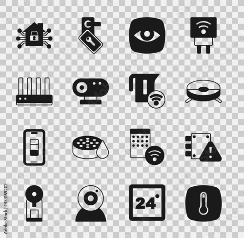 Set Thermostat, House under protection, Robot vacuum cleaner, Security camera, Web, Router and wi-fi signal, Smart home and electric kettle icon. Vector