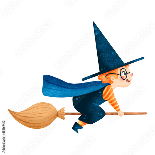 Canvas Print Illustration of cute cartoon halloween wizard boy on broomstick isolated on whit