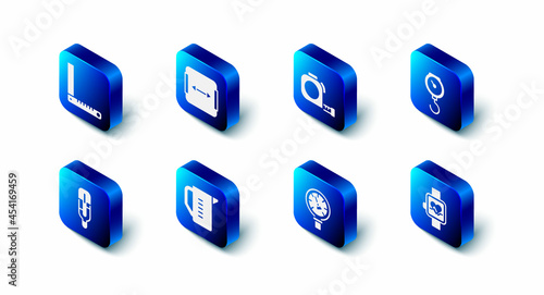 Set Area measurement, Roulette construction, Hand scale spring mechanical, Smart watch, Pressure water meter, Measuring cup, Medical thermometer and Corner ruler icon. Vector