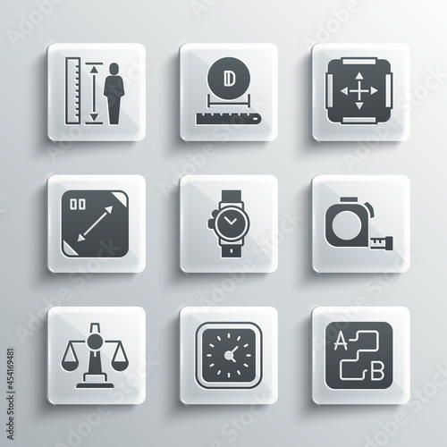 Set Clock, Route location, Roulette construction, Wrist watch, Scales of justice, Diagonal measuring, Measuring height body and Area measurement icon. Vector