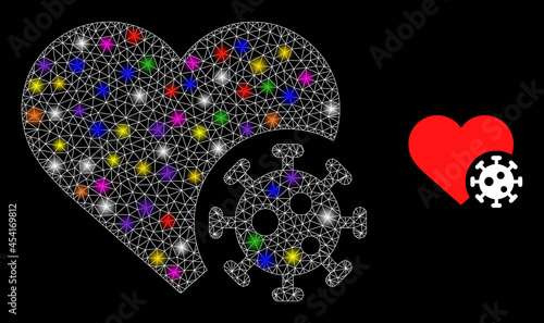 Glowing network heart infection constellation icon with lightspots. Illuminated vector model based on heart infection icon. Sparkle carcass mesh heart infection on a black background.