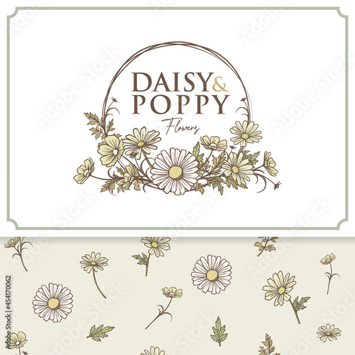 vector set of daisy and poppy flowers logo label and pattern