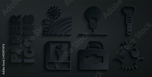 Set Cardboard box of wine, Bottle opener, Book about grapes, Wine tasting, degustation, time and Vineyard icon. Vector
