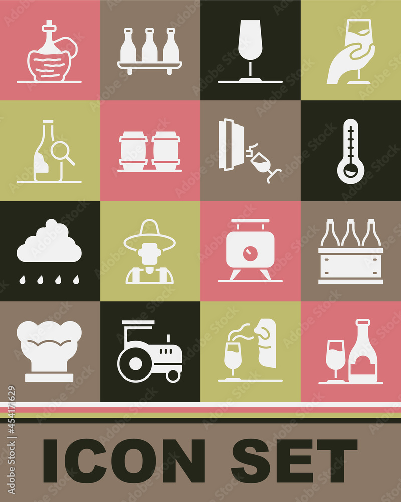 Set Wine bottle with glass, Bottles of wine box, Meteorology thermometer, Wooden barrel for, italian fiasco and tasting, degustation icon. Vector Set Wine bottle with glass, Bottles of wine box, Meteorology thermometer, Wooden barrel for, italian fiasco and tasting, degustation icon. Vector