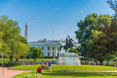 WASHINGTON DC, USA - AUGUST 14, 2021: The White House with the Equestrian statue of Andrew Jackson. photo