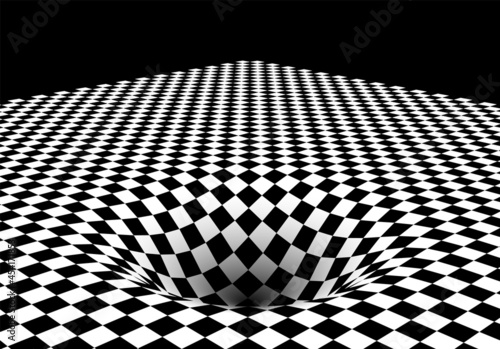 Abstract checkered board background with round pit or hole and corner. Surreal illustration.