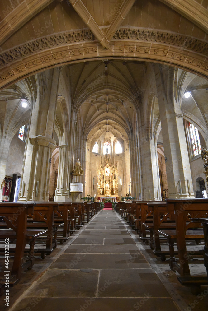 Hondarribia, Spain - 29 Aug 2021: Interior of the Church of Santa Maria in old town Hondarribia, Basque Country, Spain