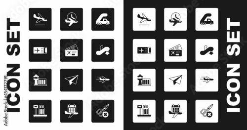Set Passenger ladder for plane boarding, Airline ticket, Plane landing, Escalator down, Flight time, and Airport control tower icon. Vector