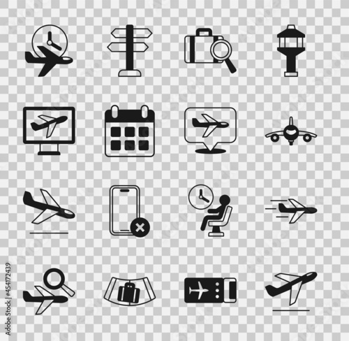 Set Plane takeoff, Lost baggage, Calendar and airplane, Flight time and icon. Vector photo