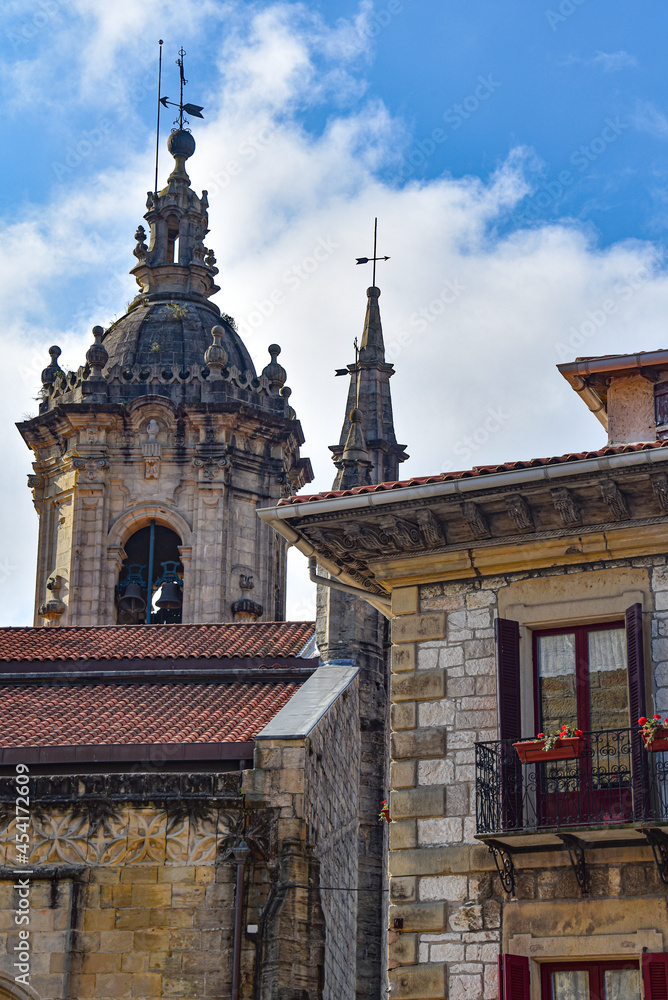Hondarribia, Spain - 29 Aug 2021: The tower of the Church of Santa Maria in old town Hondarribia, Basque Country, Spain
