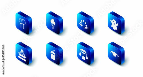 Set Ice cream in waffle cone, Juggling ball, Ghost, Jester hat with bells, Attraction carousel, Paper glass water, Boat swing and Balloons ribbon icon. Vector