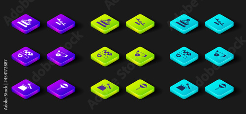 Set Magic hat and wand, Lollipop, Fast street food cart, Cannon, Seesaw and Boat swing icon. Vector