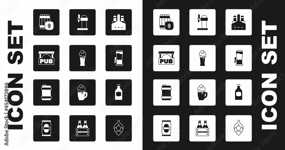 Set Pack of beer bottles, Glass, Street signboard with Pub, Wooden barrel, Beer tap, Dispenser, and Metal keg icon. Vector Set Pack of beer bottles, Glass, Street signboard with Pub, Wooden barrel, Beer tap, Dispenser, and Metal keg icon. Vector