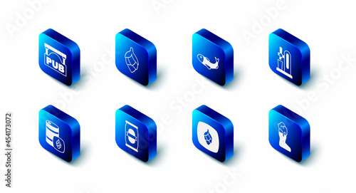 Set Hop, Dried fish, Beer tap with glass, Boot beer, can, Metal keg and Street signboard Pub icon. Vector