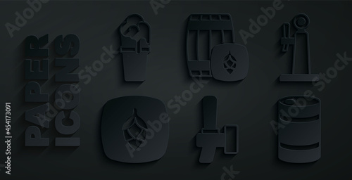 Set Beer tap, Hop, Metal beer keg, Wooden barrel and Glass of icon. Vector